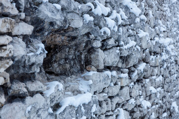 .Wall of a medieval fortress in winter in snow