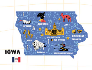 USA Iowa map flat hand drawn vector illustration. Names lettering and cartoon landmarks, tourist attractions cliparts.Des Moinos travel, trip comic infographic poster, banner concept design 