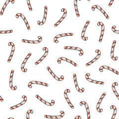 Candy cane Christmas seamless pattern with hand ddrawn sweets on white background for wrapping paper, packaging, scrapbooking, stationary, textile prints, gift wrap, etc. EPS 10