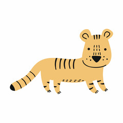 Cute tiger on white background. African cat. Vector doodle illustration. Sticker for baby.