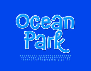 Vector artistic logo Ocean Park. Handwritten Blue Font. Playful Alphabet Letters and Numbers set