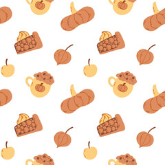 Apple crumble, cup with cream, pumpkin, apple, physalis. Vector seamless pattern for packaging, wrapping paper.