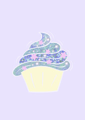 Fototapeta premium Cupcake illustration, pastel colors. Sweet colorful dessert. Purple background. 
