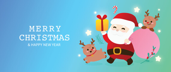 Merry christmas and happy new year concept background vector. Christmas elements, santa claus, reindeer, present, star, candy cane. Design for banner, invitation, card, greeting, cover, poster.