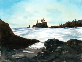 Rocky bay. Watercolor on paper.