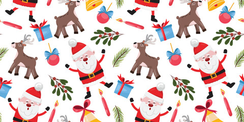 Christmas cute seamless pattern with cartoon items. Santa Claus, reindeer, gift boxes, bells, pine branches, candles, leaves and decorative balls for the Christmas tree.