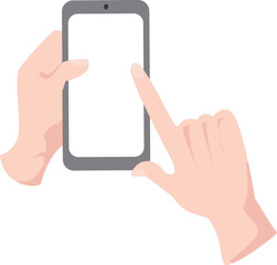 hand holding mobile phone portrait position and right hand touching a blank screen for mockup