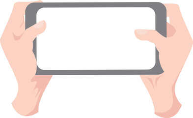 two hands holding a cellphone landscape position with blank screen watching or playing game