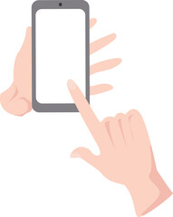 template hand holding mobile phone portrait position and right hand touching empty screen