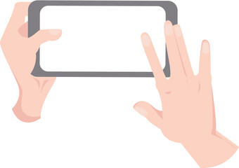 hand holding mobile phone landscape position and right hand touching a blank screen