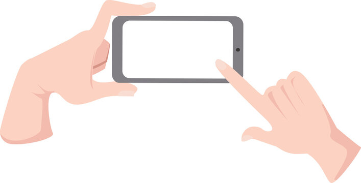 hand holding mobile phone landscape position and right hand touching a blank screen for mockup