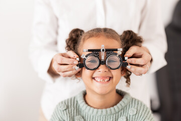 Vision, optometrist and portrait of child with glasses to test, check and examine eyesight. Healthcare, medical and young girl in doctor office for eye examination, optical diagnostic and examination - obrazy, fototapety, plakaty