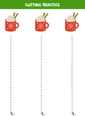 Cutting practice for children with cartoon cacao cup.