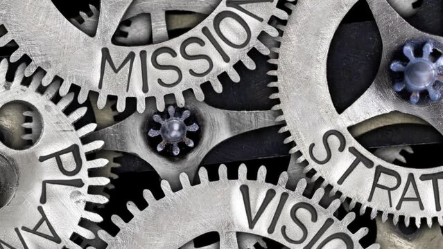 Group of rotating tooth wheels with Mission, Vision, Strategy and Plan sign imprinted on metal surface. High quality 4k video.