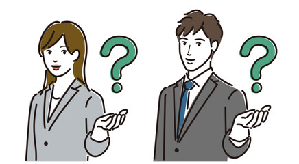 会社員　ビジネスパーソン　ビジネスマン　はてなマークを浮かべる　男女セット
