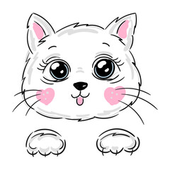 Cute baby cat face, kitten head with paws on white isolated background illustration vector.