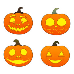 Four pumpkins for hallowen. Digital illustration. Editable Pumpkin expressions. Orange pumpkins