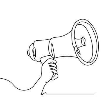 Single continuous line drawing of Megaphone announcement, One continuous single line drawing of hand hold horn isolated.