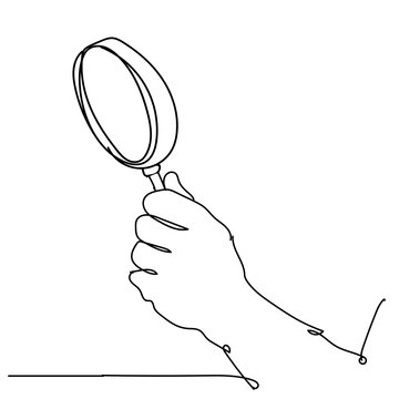 Continuous one line drawing of hand holding magnifying glass isolated on white background, Hand drawn single line vector illustration
