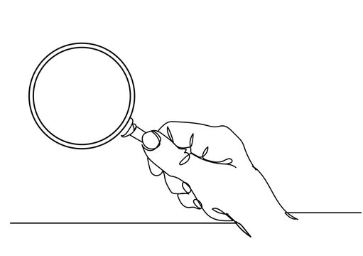 Continuous one line drawing of hand holding magnifying glass isolated on white background, Hand drawn single line vector illustration