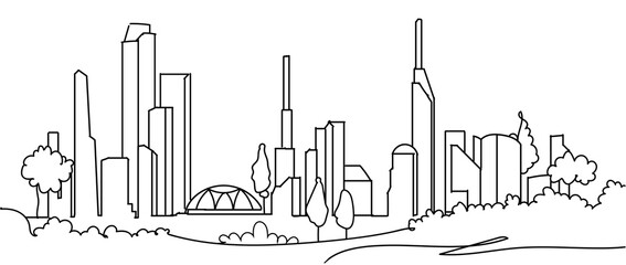 Continuous line drawing of Modern cityscape. Metropolis architecture panoramic landscape, Apartment buildings isolated minimalistic illustration. Single line draw vector illustration