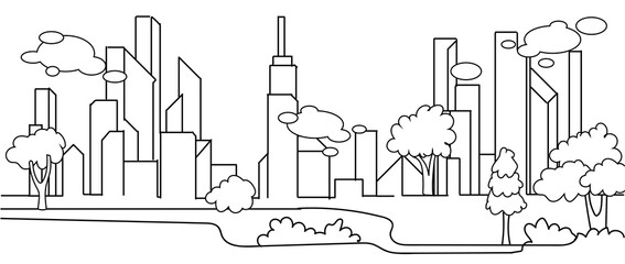 Obraz premium Continuous line drawing of Modern cityscape. Metropolis architecture panoramic landscape, Apartment buildings isolated minimalistic illustration. Single line draw vector illustration