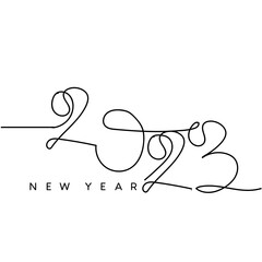 Continuous line drawing of New Year 2023 decorative lettering on white background. Hand drawn single line vector illustration