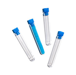 Blue flake chemical in test tube with plug cap, Copper(II) sulfate. Cosmetic chemicals ingredient on laboratory table.