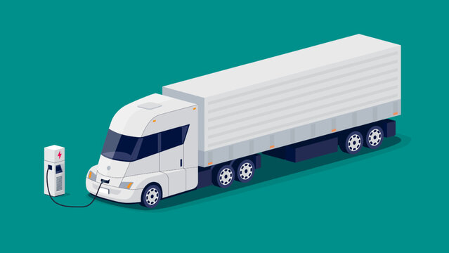 White electric us semi truck trailer with container charging parking at the charger station with plug in cable. Illustration of conventional cab shipping delivery vehicle. Electrified transport future