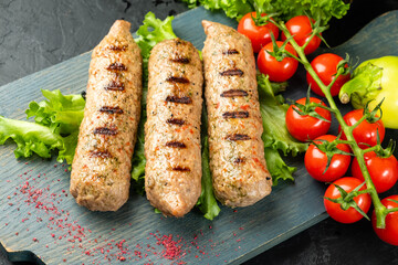 Grilled soy meat sausages, grilled kebab.