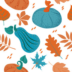 Seamless pattern of stylized fall pumpkins with autumn leaves on a white background. Autumn. Brightly colored vegetables. Halloween. Autumn harvest. Thanksgiving. Appropriate for textiles and packagin