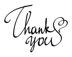 Handwritten thank you letter. Isolated vector on white background. Calligraphy. Stylized heart. Suitable for greeting cards.