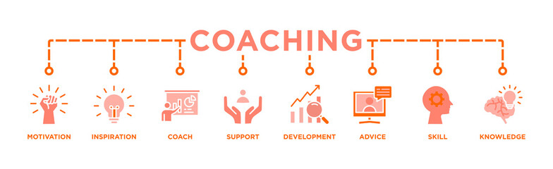 Coaching banner web icon for coaching and success, motivation, inspiration, teaching, coach, learning, knowledge, support and advice. Minimal vector infographic.