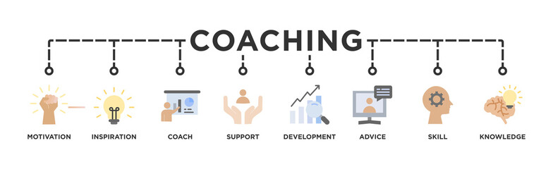 Coaching banner web icon for coaching and success, motivation, inspiration, teaching, coach, learning, knowledge, support and advice. Minimal vector infographic. - obrazy, fototapety, plakaty
