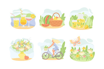 Fototapeta premium Summer Composition with Woman Riding Bicycle, Cocktail in Glass, Fresh Fruits in Basket, Lemonade in Jug, Bunch of Flowers in Vase and Meadow Flora Vector Set