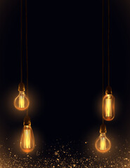 Background with warm light Edison light bulbs and golden glitter.