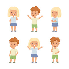 Fototapeta premium Little Girl and Boy Having Different Face Emotion and Gesture Vector Set
