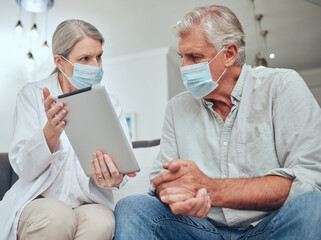 Tablet, face mask and doctor with senior patient speaking about test results during health consultation. Medical, mobile and healthcare worker consulting elderly man with covid at clinic in Australia