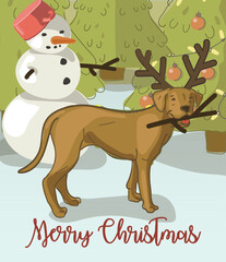 A cute Christmas, New Year card with a dog and gnawing a branch from a snowman. Chaos on the street on New Year's Eve. Funny story in pictures. Suitable for printing on clothes and on postcards.