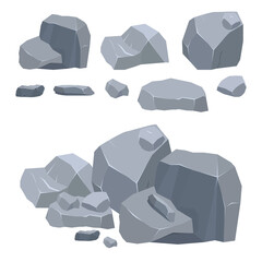 Heap of stones and rocks. Collection of boulders, granite stones, broken rocks in cartoon 3d style