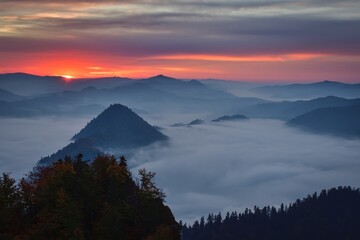 Wonderful morning mountain landscape. Sunrise at the top of Trzy Korony in Pieniny, Poland.