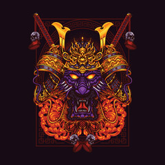 dragon head wearing samurai helmet and katana sword vector illustration