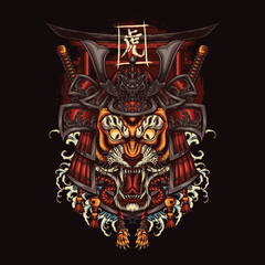 tiger head wearing samurai helmet with japanese archway background vector illustration