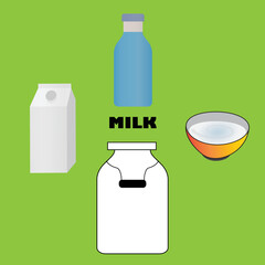 Milk in a bottle, in a can container, in a carton and in a bowl