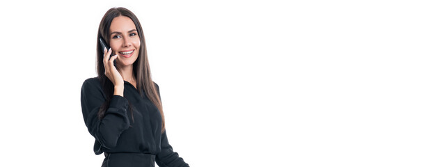 Happy smiling professional business woman businesswoman manager employee talking on smartphone