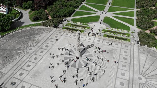 Aerial: Frogner Park in Oslo, Norway. Vigeland park. Vigelandsanlegget