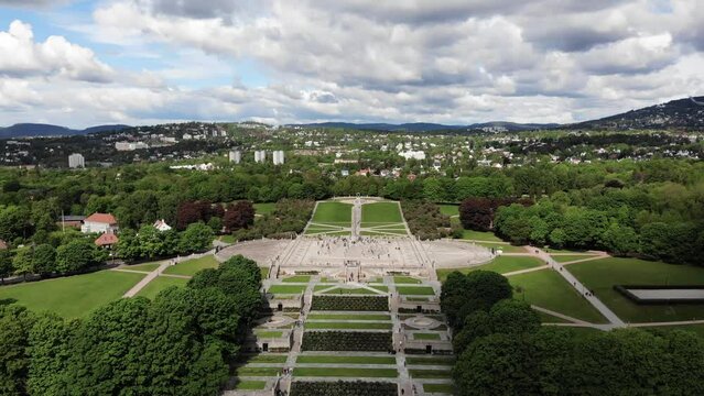Aerial: Frogner Park in Oslo, Norway. Vigeland park. Vigelandsanlegget