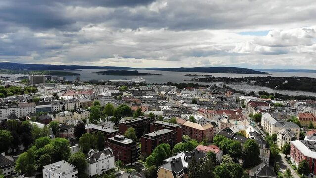 Aerial: Oslo city in Norway seen from Vigeland park