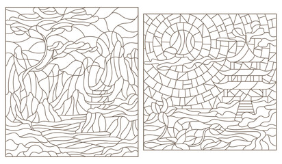 Fototapeta na wymiar Set of contour illustrations in stained glass style with mountain Eastern landscapes with temples on the lake shore, dark outlines on a white background