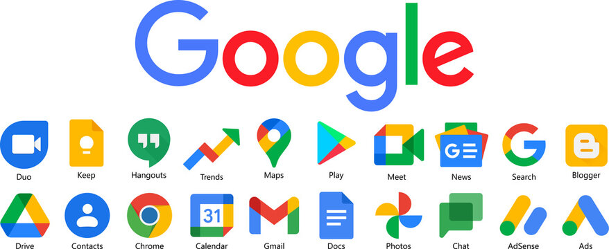Google icons set. Google product icon on a white background. Google, gmail, google pay, calendar, duo, keep, hangouts, trends, maps, play, meet, news, search. PNG image